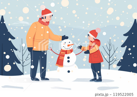 Winter illustration of a dad and son creating a snowman 119522005