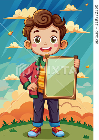 Cute little boy holding blank placard or poster. Board sign with empty space, template for banner 119522360