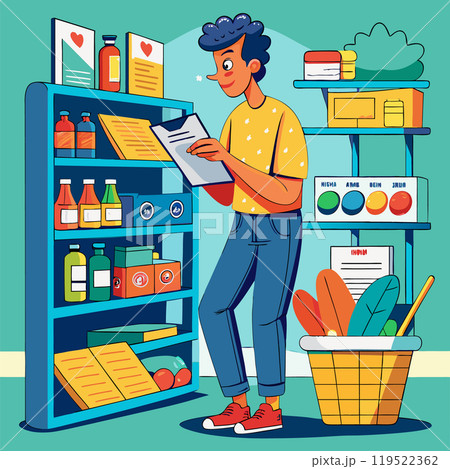 Man with check list of shopping list at home, planning the household 119522362