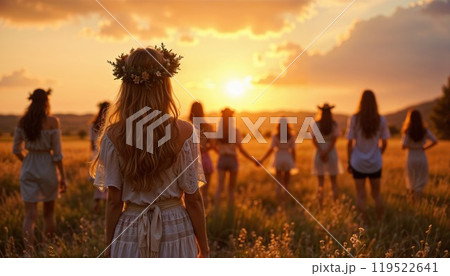 A group of women hold hands in a sunset field, embracing nature 119522641