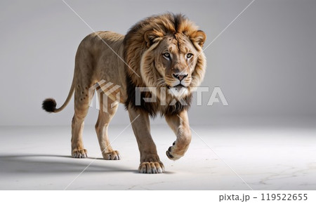 A lion stands on a white surface, looking intently at the camera 119522655