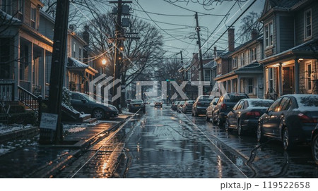 A long row of cars is parked along the side of a rainy city street A long row of cars is parked along the side of a rainy city street 119522658