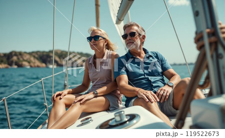 A man and a woman are sitting together on a sailboat in the ocean 119522673