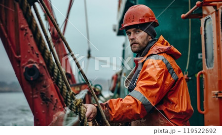 A man in an orange jacket and hard hat holds a rope on a boat 119522692