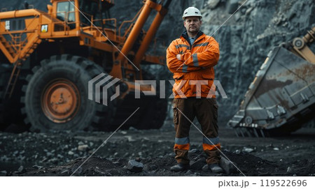 A man is standing in front of a large bulldozer at a coal mine site 119522696