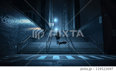A man is walking cautiously down a set of stairs late at night 119522697
