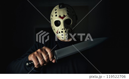 A man wearing a mask and holding a knife 119522706