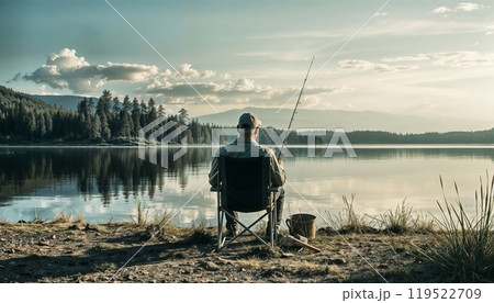 A man who is sitting in a wheelchair is enjoying fishing on a lake 119522709