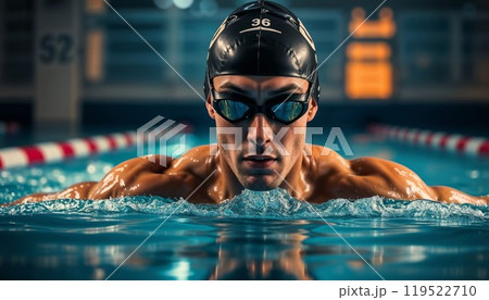 A man who is wearing a swim cap and goggles is swimming in a pool 119522710