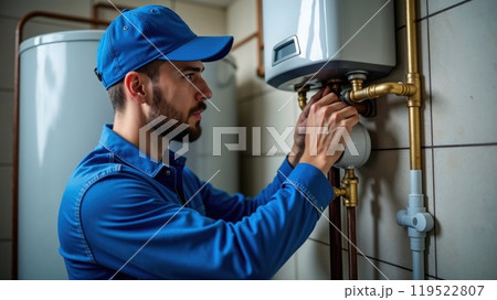 Professional plumber checking a boiler and pipes, boiler service concept 119522807