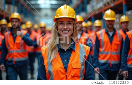 A woman in a hard hat and orange vest stands before construction workers 119522820