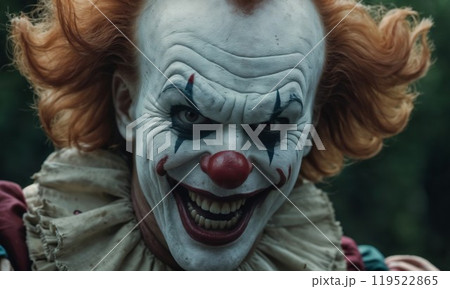 A closeup image of a frightening clown with a huge smile across his face 119522865