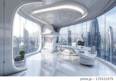 A futuristic room that showcases a beautiful view of a vibrant city 119522879