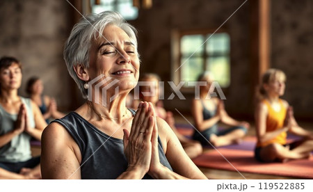 A group of older women is happily practicing yoga together in a gym A group of older women is happily practicing yoga together in a gym 119522885