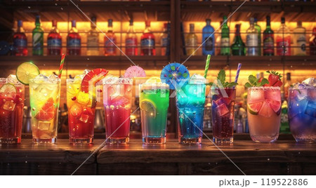 A vibrant row of colorful drinks is beautifully lined up on a bar 119522886