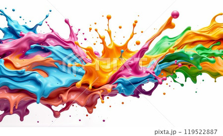 A vibrant splash of colorful paint beautifully contrasts with a white background 119522887