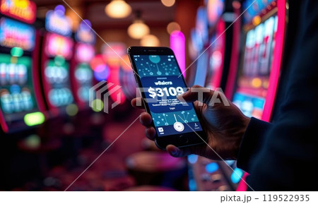 A person is currently holding a cell phone right in front of a slot machine 119522935