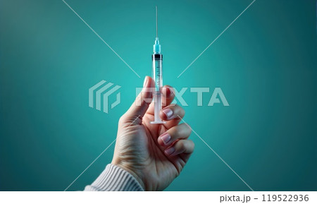 A person is firmly holding a medical syringe securely in their hand 119522936