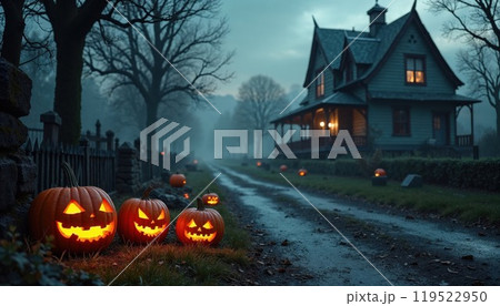 On Halloween, pumpkins glow in front of a spooky haunted house 119522950