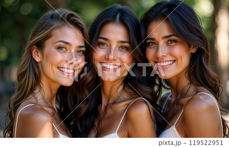 Three beautiful women pose together for a picture, smiling Three beautiful women pose together for a picture, smiling 119522951