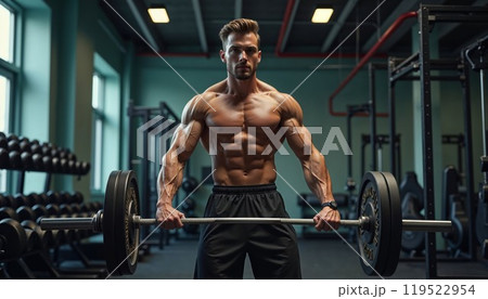 Handsome dark-haired bodybuilder squatting with barbell in gym. Front view of muscular bearded guy keeping barbell behind back, while standing on one knee, exercising 119522954