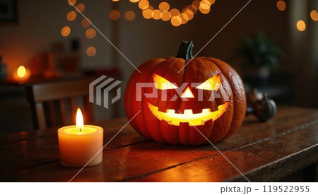 A glowing jack-o'-lantern with an ominous carved face sits on a wooden table in a quiet neighborhood under a full moon. The spooky atmosphere is enhanced by the dark sky and shadowy houses 119522955