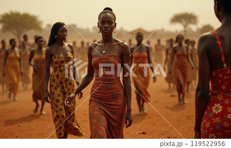 Empowered Women Dressed in Traditional Attire Gather on the Dusty Terrain at Sunset 119522956