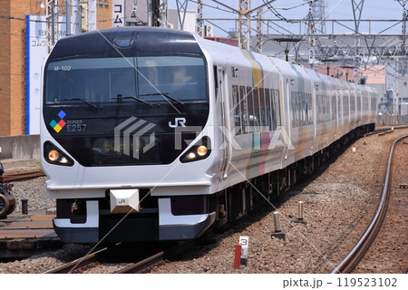 連続複々線の高架橋を走るE257電車(登場時)のかいじ号_2010/6/10撮影 連続複々線の高架橋を走るE257電車(登場時)のかいじ号_2010/6/10撮影 119523102