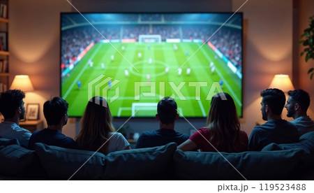 People are sitting on a couch watching a soccer game on TV 119523488