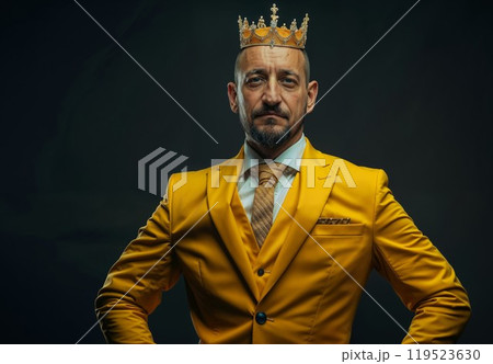 Portrait of self confident man in golden crown, superior privileged status, wearing official style suit. Indoor studio shot isolated on gray background 119523630