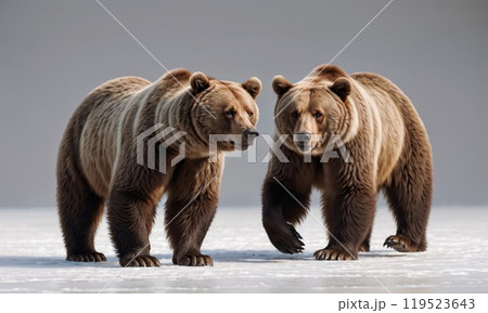 There are two brown bears standing side by side next to each other in the snow 119523643