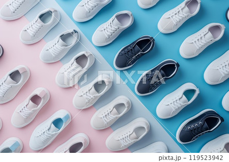 Neatly arranged athletic shoes on a two-tone pastel background 119523942