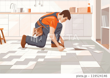 Illustration of a skilled builder laying tiles with precision in a modern kitchen setting 119524146