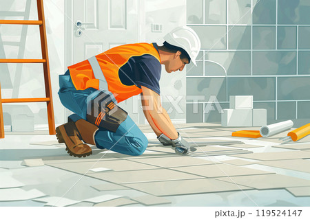 Illustration of a skilled builder carefully laying new tiles on a floor, with tools around 119524147