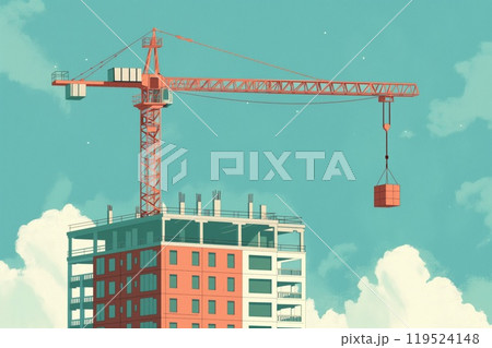 Illustration of a towering crane hoisting materials at a construction site with a clear sky 119524148