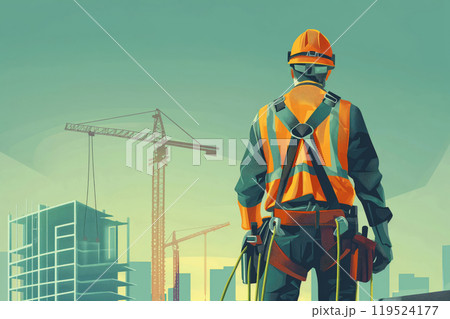 Illustration of a worker in safety gear observing a construction area with cranes 119524177