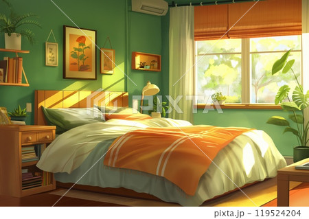 Warm sunlight filters into a renovated bedroom with stylish bedding and vibrant decor 119524204