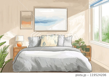 Artistic illustration of a renovated bedroom with cozy bedding, natural light, and modern decor 119524206