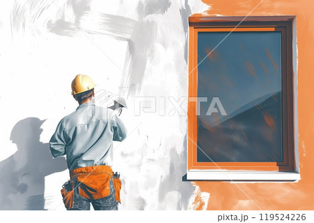 Back view of a skilled worker with a trowel applying stucco beside a window on an exterior wall Back view of a skilled worker with a trowel applying stucco beside a window on an exterior wall 119524226