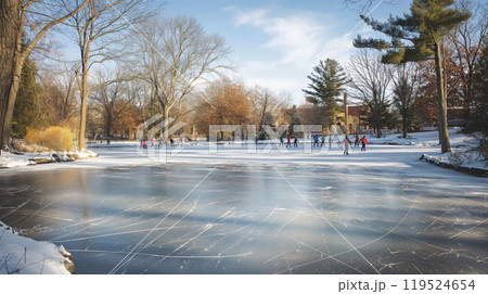 Skaters gliding across the ice of a serene frozen pond surrounded by snow-kissed trees 119524654