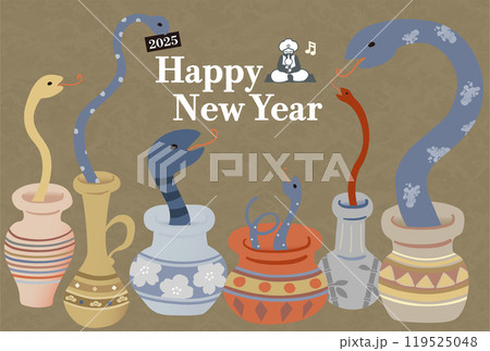 2025年 年賀状用はがきテンプレート 干支のヘビがたくさんの壺から出てくるポップなイラスト入り 2025年 年賀状用はがきテンプレート 干支のヘビがたくさんの壺から出てくるポップなイラスト入り 119525048