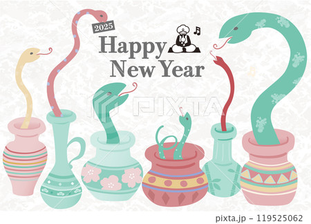 2025年 年賀状用はがきテンプレート 干支のヘビがたくさんの壺から出てくるポップなイラスト入り 2025年 年賀状用はがきテンプレート 干支のヘビがたくさんの壺から出てくるポップなイラスト入り 119525062