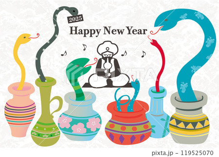 2025年 年賀状用はがきテンプレート 干支のヘビがたくさんの壺から出てくるポップなイラスト入り 2025年 年賀状用はがきテンプレート 干支のヘビがたくさんの壺から出てくるポップなイラスト入り 119525070