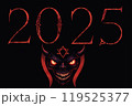 2025 on a black background in a horror style with an image of the devil, created using a neural network 119525377