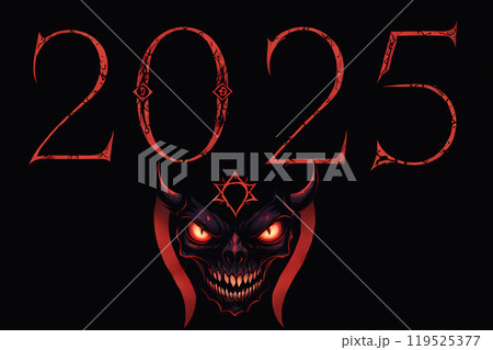 2025 on a black background in a horror style with an image of the devil, created using a neural network 119525377
