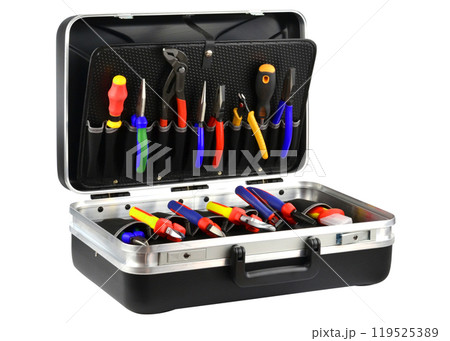 Open Tool Case with Pliers and Screwdrivers 119525389