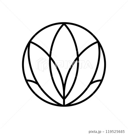 Simple flower lotus round line logo aesthetics. Emblem plant in circle linear style. Vector abstract badge for design of natural products, flower shop, cosmetics, ecology concepts, health, spa, yoga 119525685