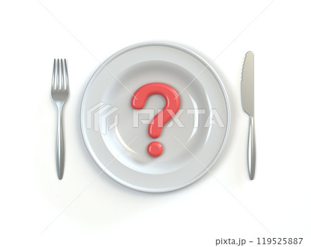 Meal time red question mark in plate 3D Meal time red question mark in plate 3D 119525887