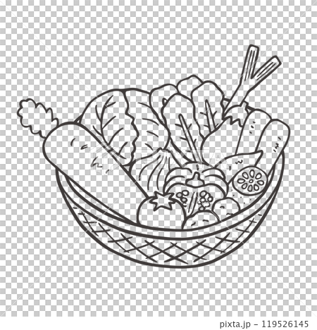 Hand-drawn illustration of vegetables in a basket (monochrome) Hand-drawn illustration of vegetables in a basket (monochrome) 119526145