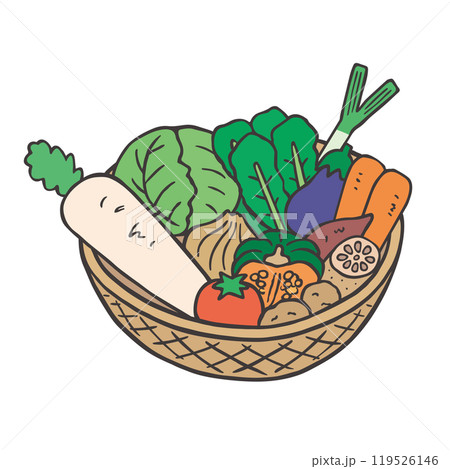 かごに入った野菜の手描きイラスト（カラー）のイラスト素材